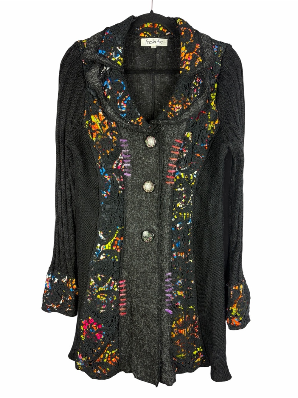 Fresh FX Mohair Blend Colorful Lace Applique Art to Wear Cardigan Medium